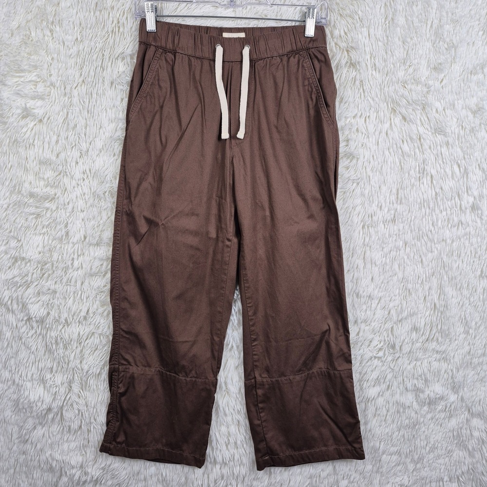 Pact Brown Organic Cotton Drawstring Daily Twill Cropped Pant Womens XS Wide Leg